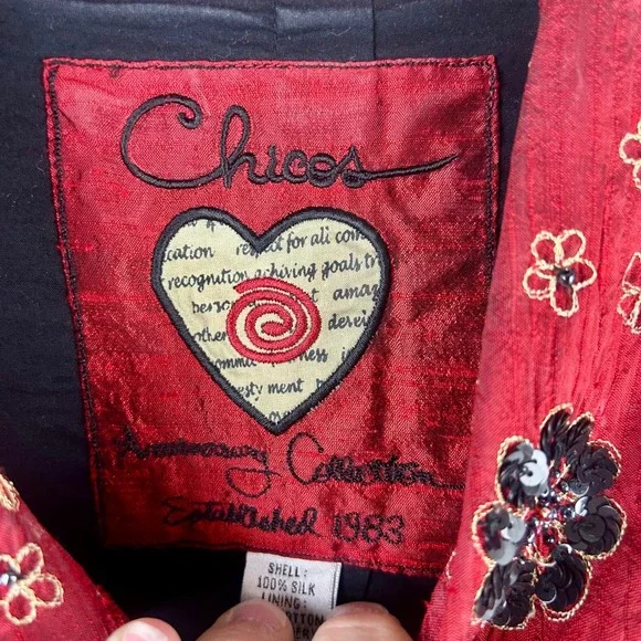 Chico's Silk Beaded Sequin Floral Blouse Shirt Red Size 3 XL Anniversary Collec - Picture 8 of 9